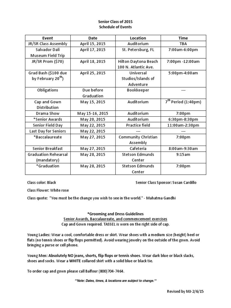 Senior Class of 2015 Event Schedule | PDF