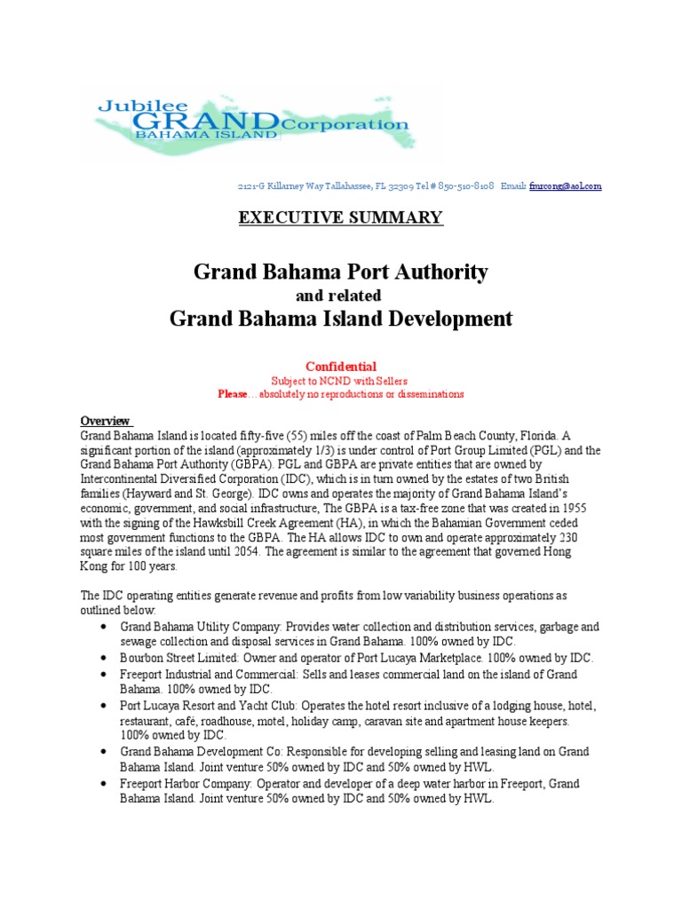 Grand Bahama Port Authority Grand Bahama Island Development Executive Summary PDF The