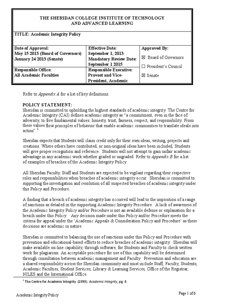 Sheridan Academic Integrity Policy PDF Academic Integrity Academia