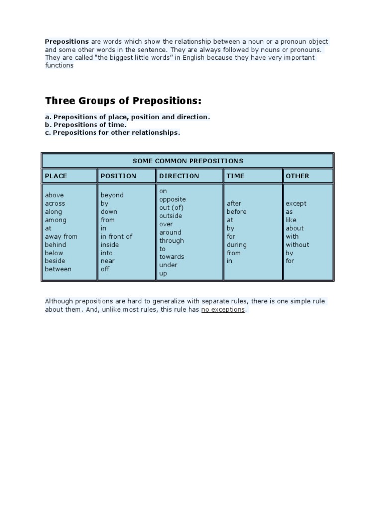 Three Groups of Prepositions | PDF | Preposition And Postposition | Noun