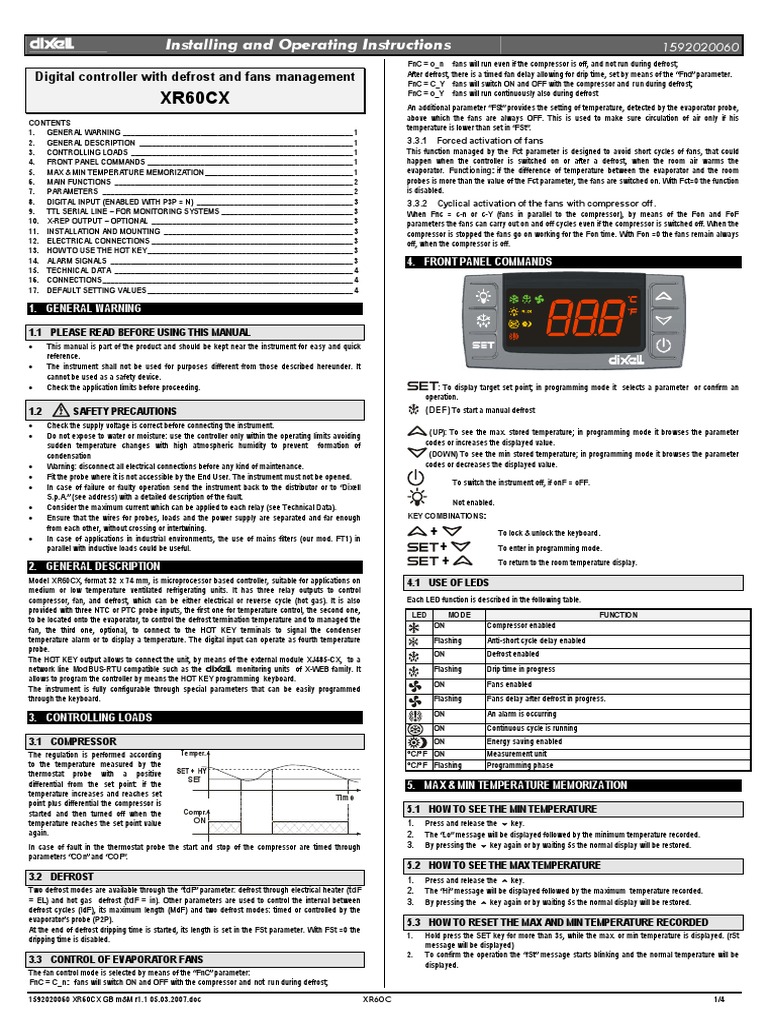 Operating Instructions for the XR60CX Digital Controller with Defrost
