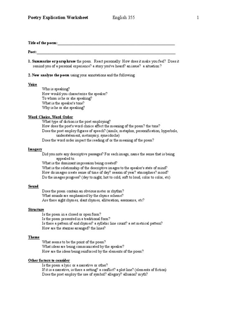 worksheet Poem Analysis Worksheet poetry explication worksheet linguistics