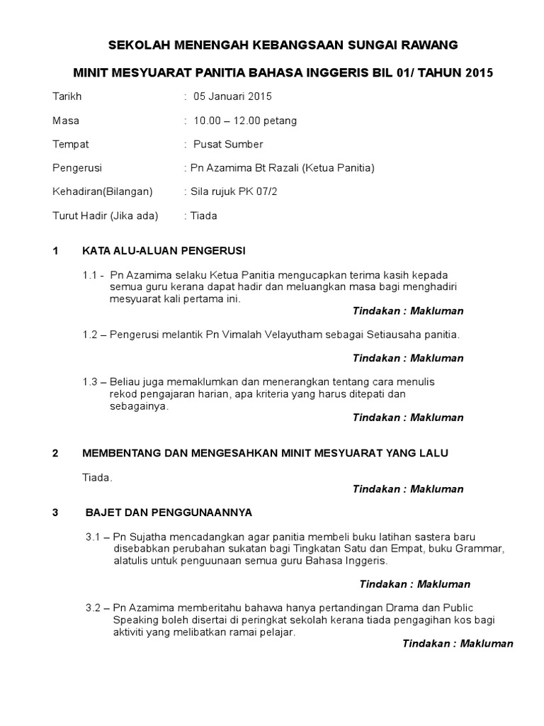 Contoh Surat Mesyuarat Panitia Kali 1