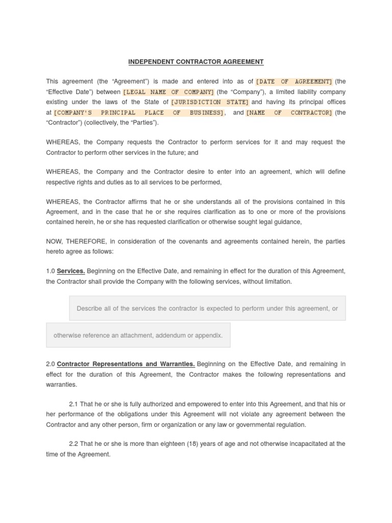 Independent Contractor Agreement Indemnity Legal Concepts