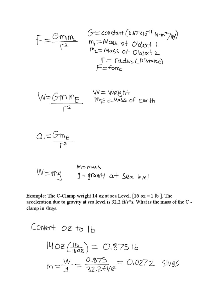 Example The C Clamp Weight 14 Oz At Sea Level 16 Oz 1 Lb The Acceleration Due To Gravity At Sea Level Is 32 2 Ft S S What Is The Mass Of The