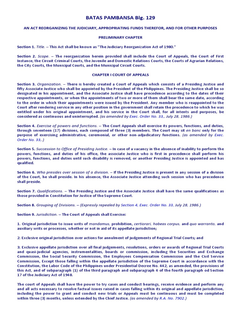 Batas Pambansa BLG 129 | PDF | Jurisdiction | Habeas Corpus