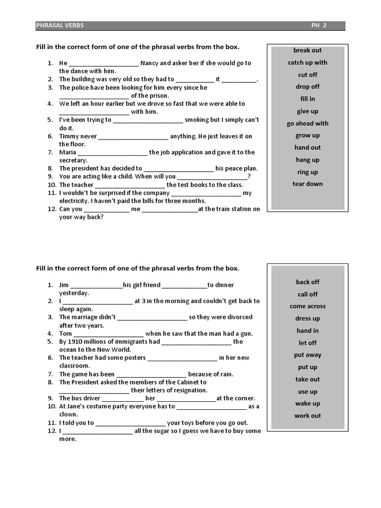 Fill in The Correct Form of One of The Phrasal Verbs From The Box | PDF ...