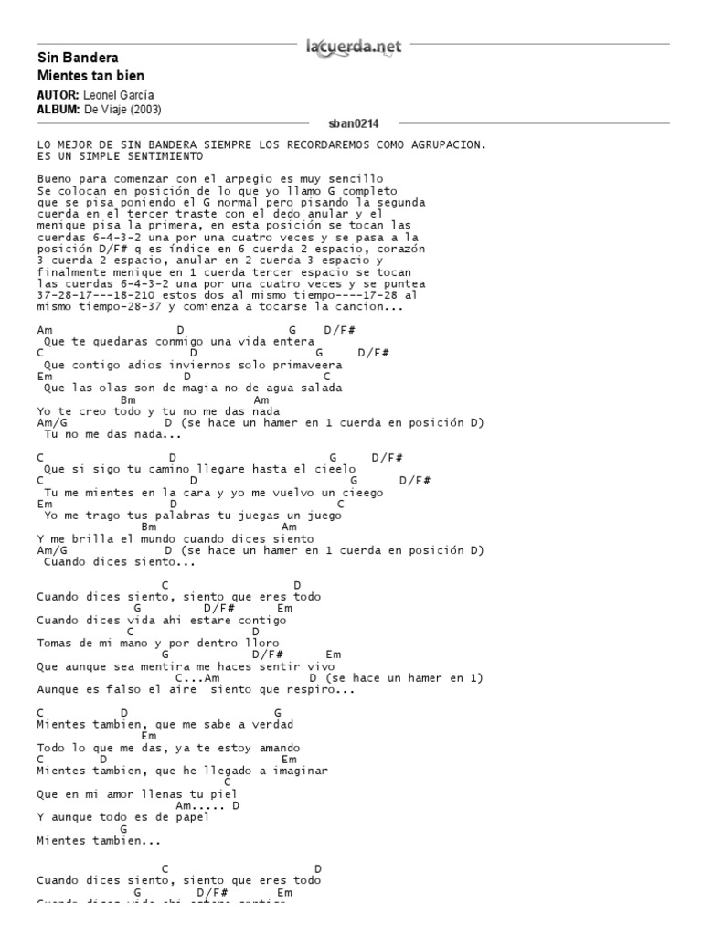 Sin Bandera, Mientes Tan Bien Letra y Acordes PDF Ocio