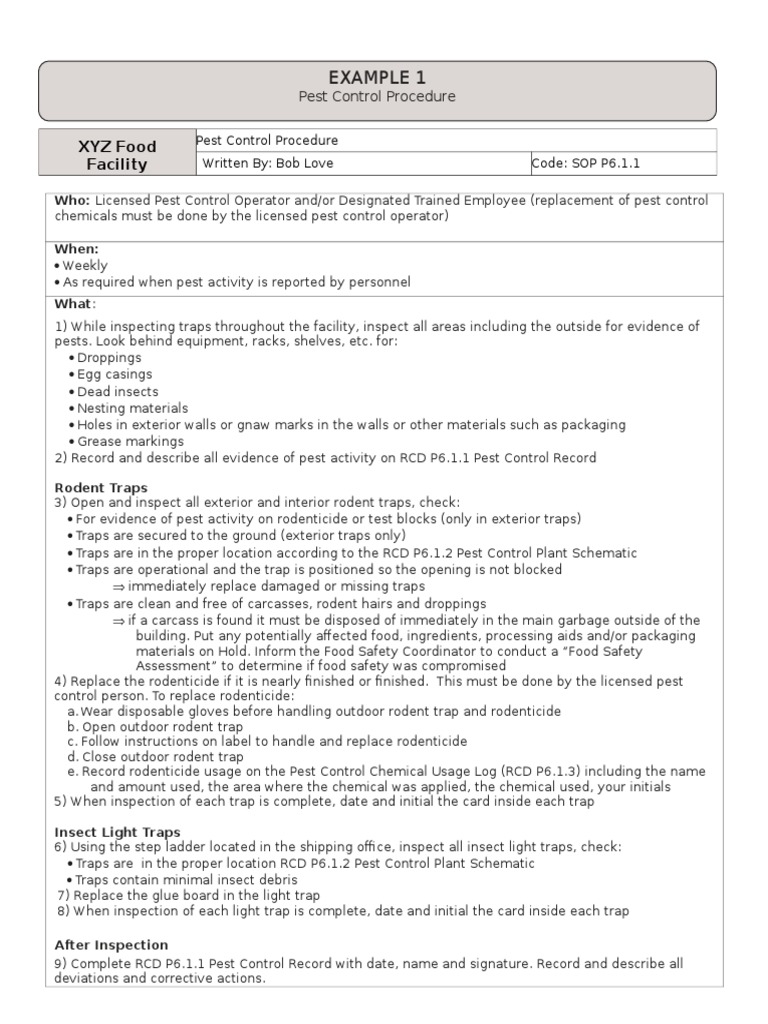 Example 1 Xyz Food Facility Pest Control Rodent