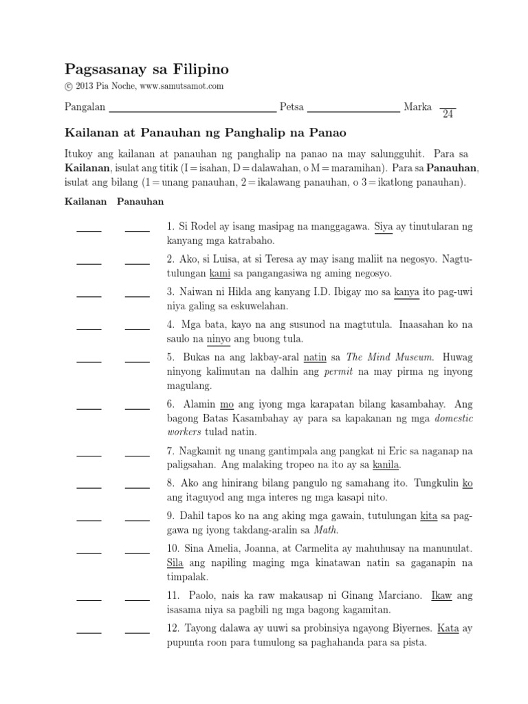 Kailanan at Panauhan NG Panghalip Na Panao 11 | PDF