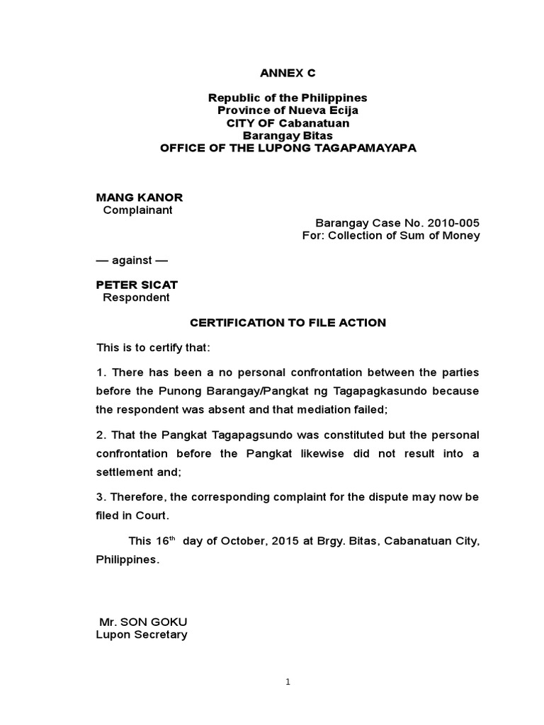 Certificate To File Action PDF Government Justice