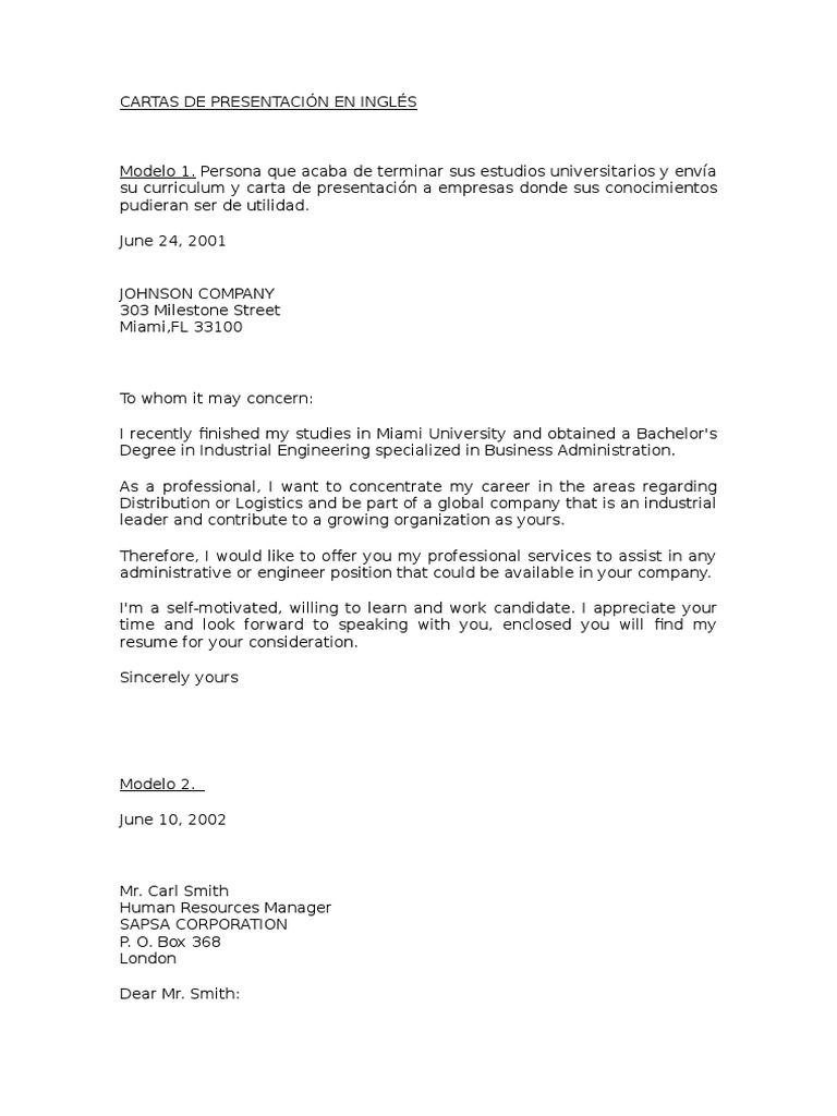 Cartas de Presentación en Inglés  Business