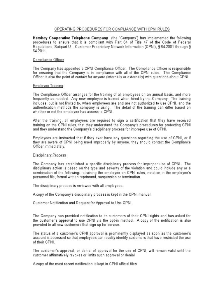 CPNI Compliance Operating Procedures | PDF