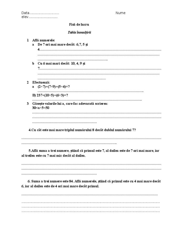 Fisa Tabla Inmultirii | PDF