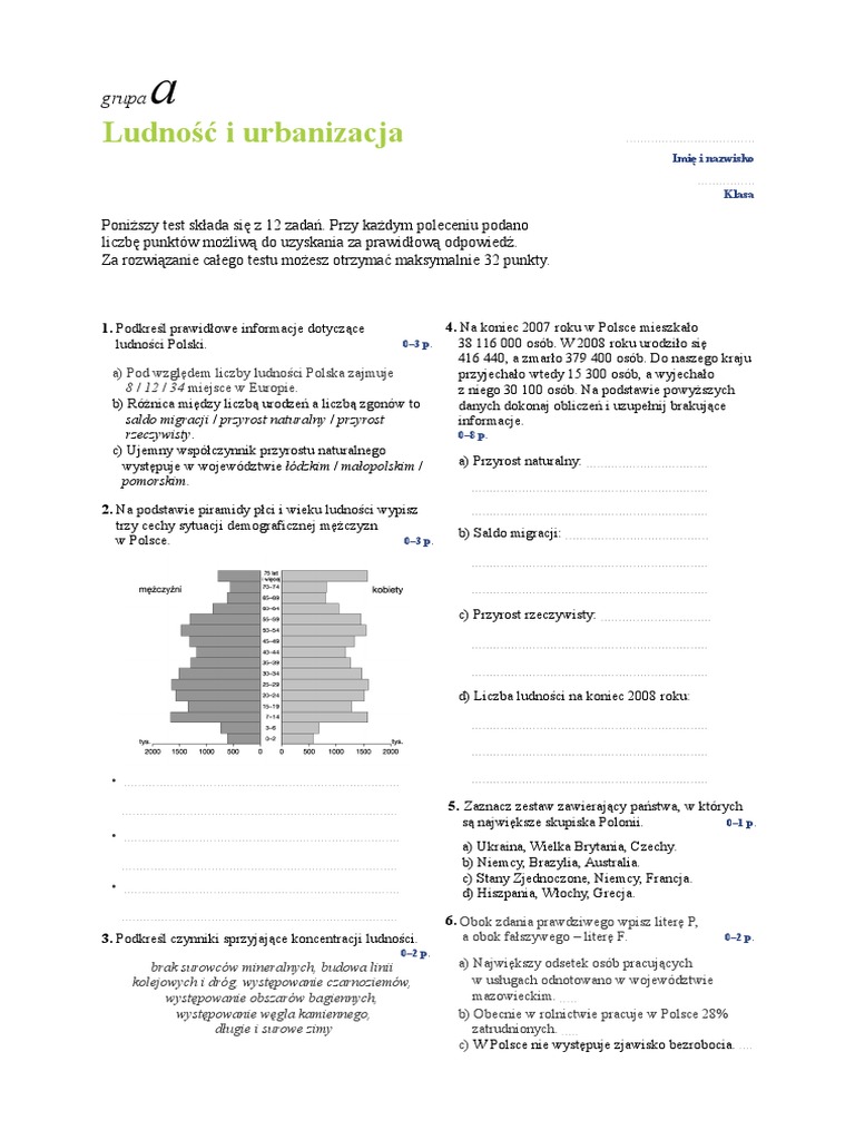 Ludność I Urbanizacja W Polsce Test Ludność i Urbanizacja Test Grupy a i B (2)