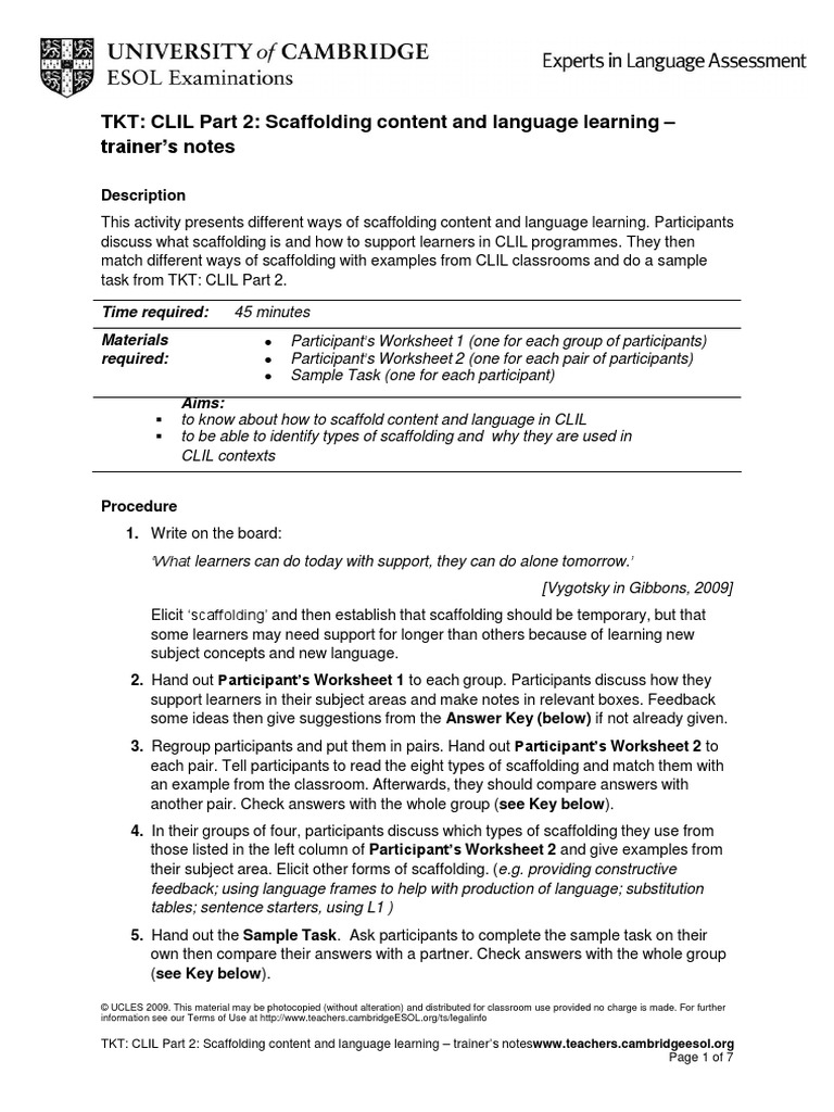 Worksheets Language Handbook Worksheets Answer Key Online 168765 tkt clil part 2 scaffolding pdf neuropsychological assessment learning