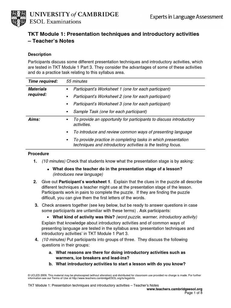 TKT Module 1 Presentation Techniques and Introductory Activities PDF