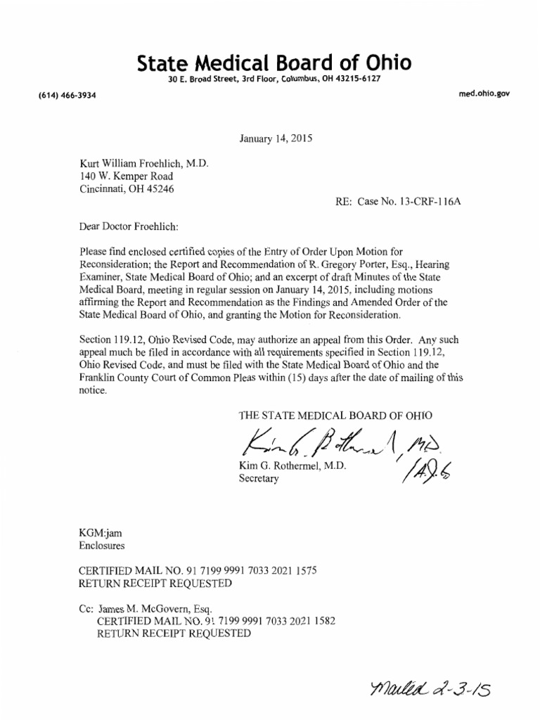 Ohio Medical Board Documents in Froehlich Case PDF