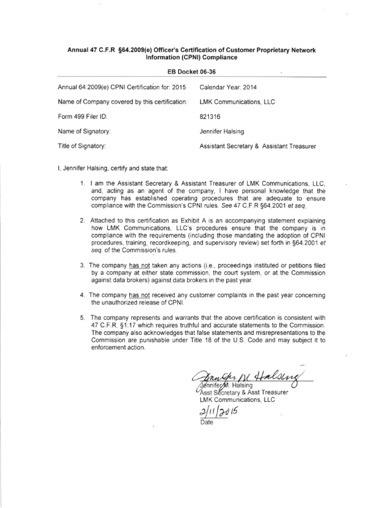 FCC CPNI Certification and Procedures Signed 02112015 PDF PDF