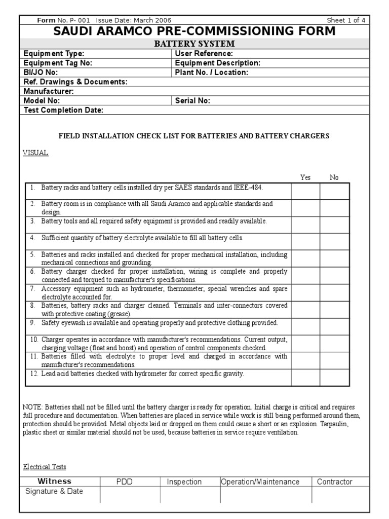 Saudi Aramco Pre-Commissioning Form: Battery System | PDF | Battery ...