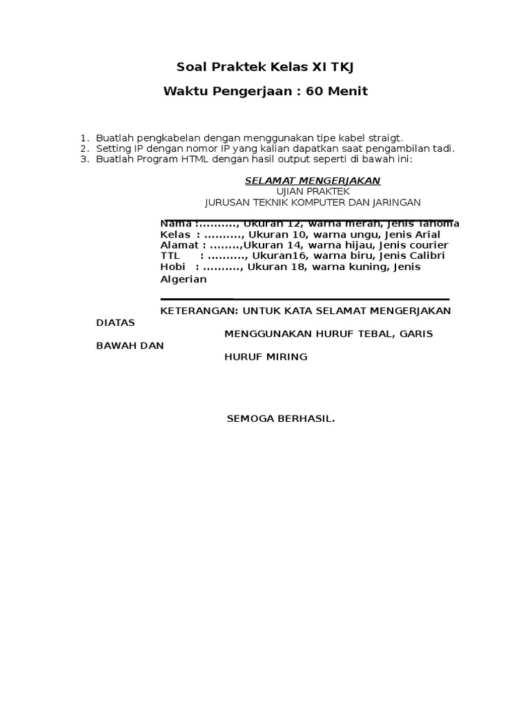 Soal Praktek Kelas Xi Tkj