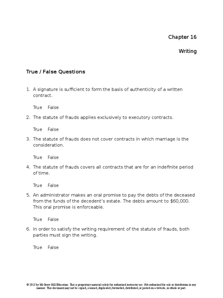 True / False Questions: Writing | PDF | Parol Evidence Rule | Contract Law