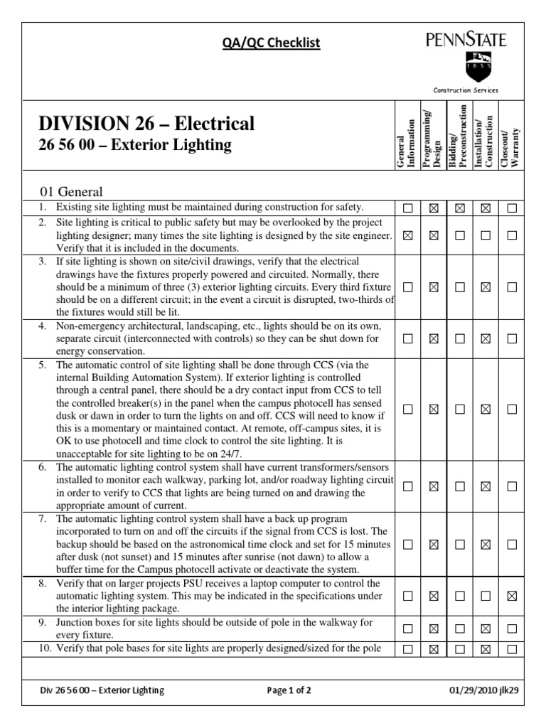 26 56 00 Exterior Lighting Qa Qc Lighting Building Automation
