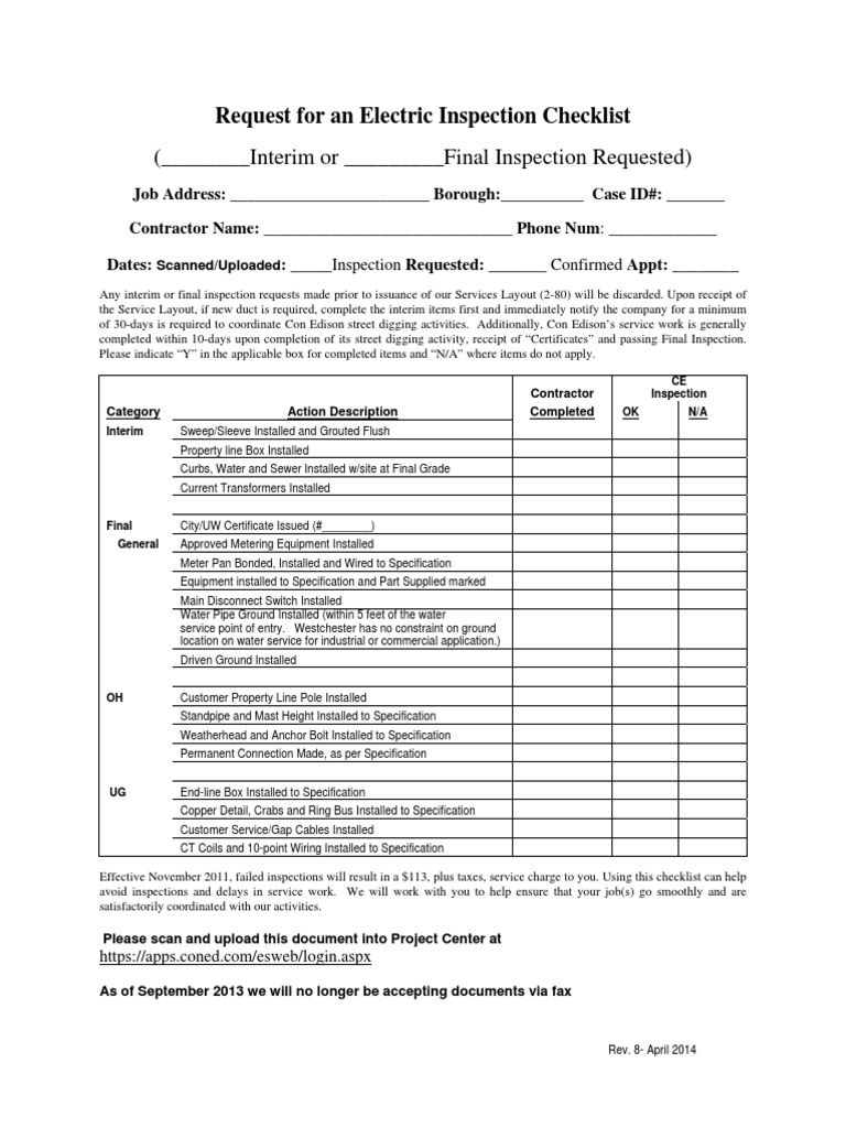 Electric Inspection Checklist Request | PDF | Technology & Engineering