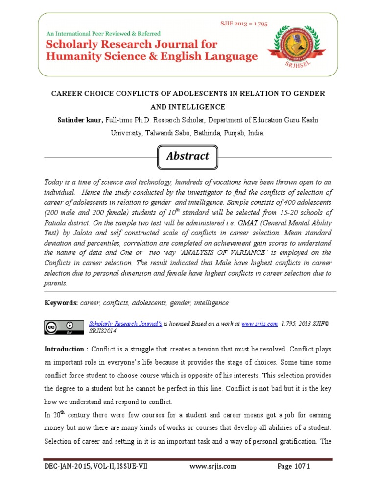 Career Choice Conflicts of Adolescents in Relation To Gender and ...