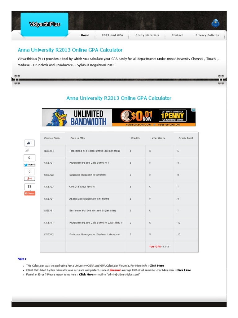 Anna University R2013 Online GPA Calculator PDF