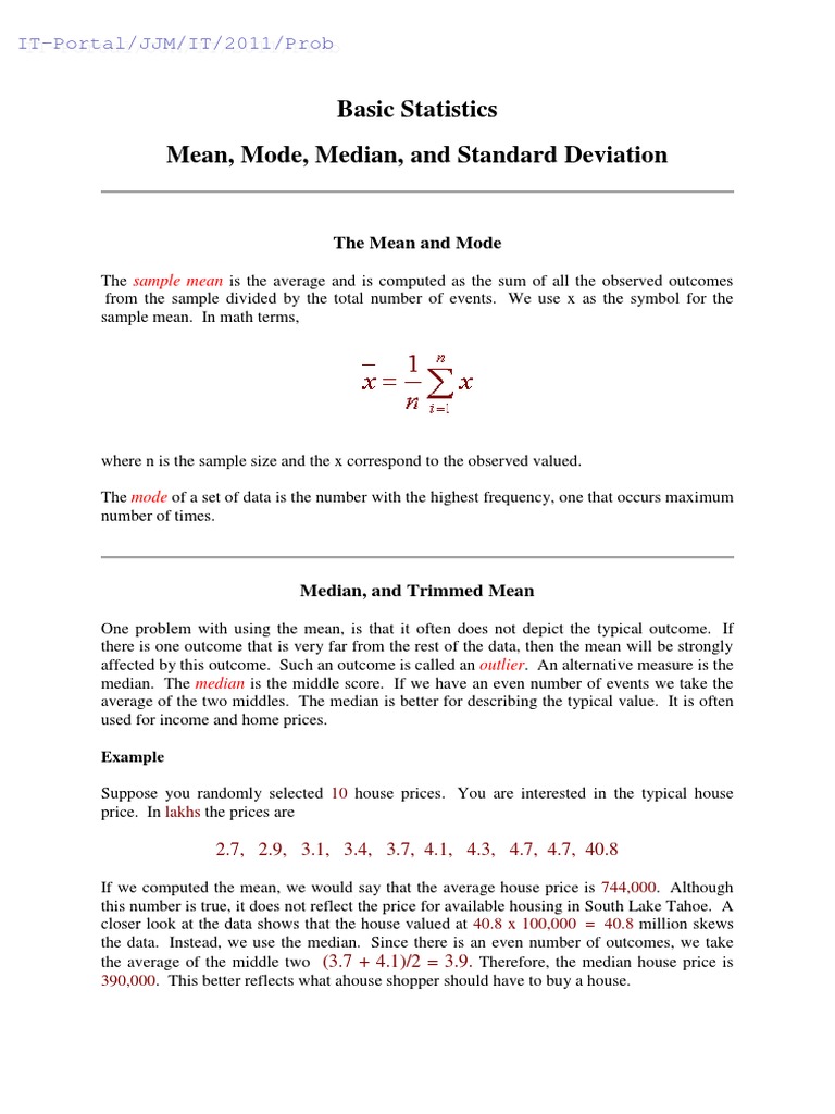 Mean Median Mode STD Dev | PDF | Mean | Median