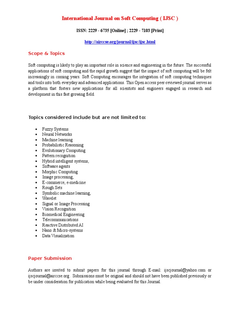 International Journal On Soft Computing (IJSC) : Scope & Topics | PDF