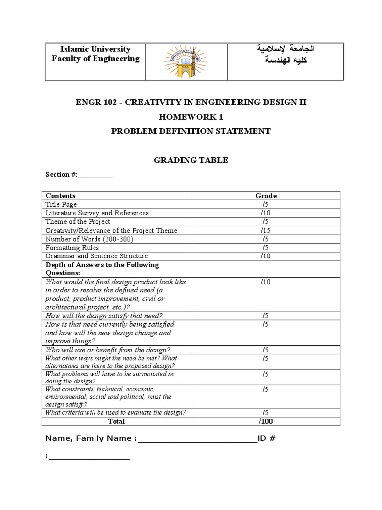 ENGR 102 Homework: Design Problem Statement | PDF | Career & Growth ...