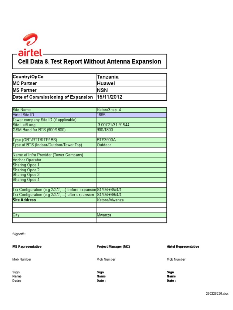 Cell Data & Test Report Without Antenna Expansion: Tanzania Huawei NSN ...