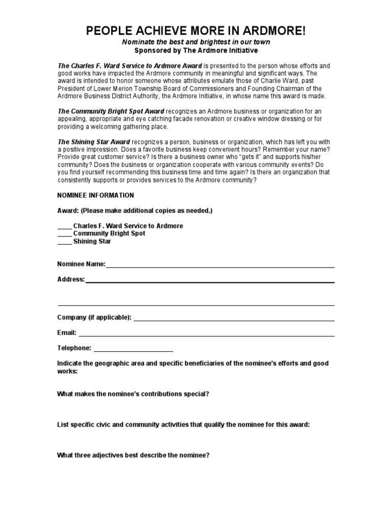 Award Nomination Form Business