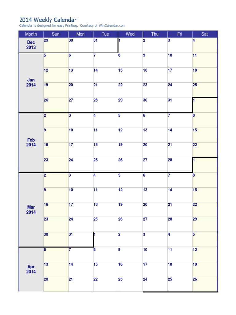 2014 Weekly Calendar: Month Sun Mon Tue Wed Thu Fri Sat | PDF