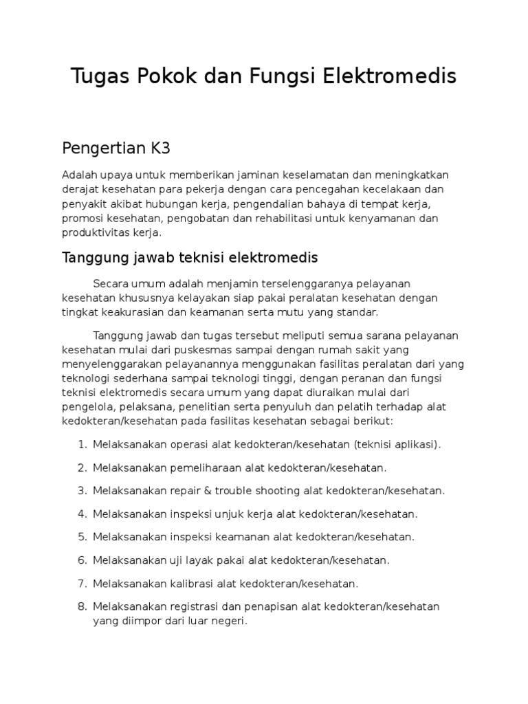 Tugas Pokok Dan Fungsi Elektromedis K3