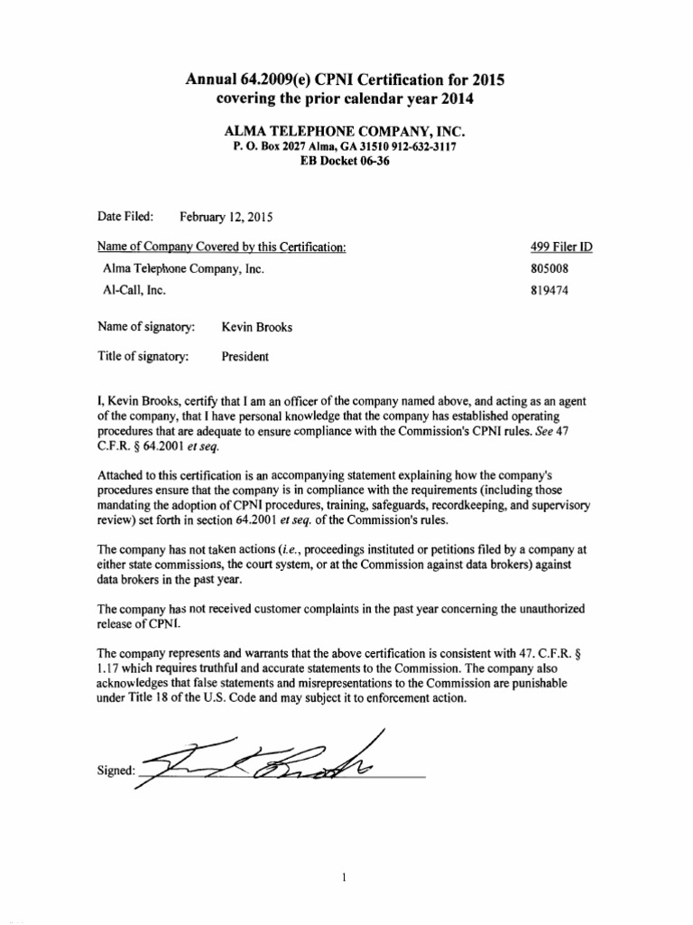 Alma Telephone CPNI Cert & Statement.pdf Federal Communications