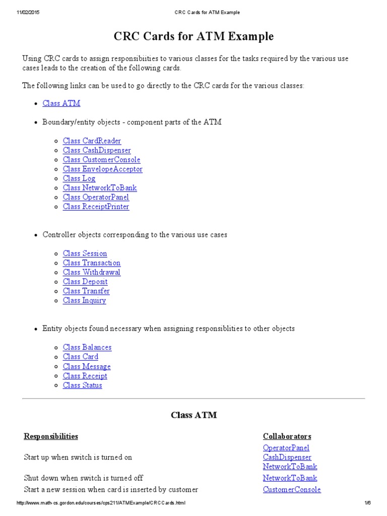 CRC Cards For ATM Example PDF Automated Teller Machine Financial 