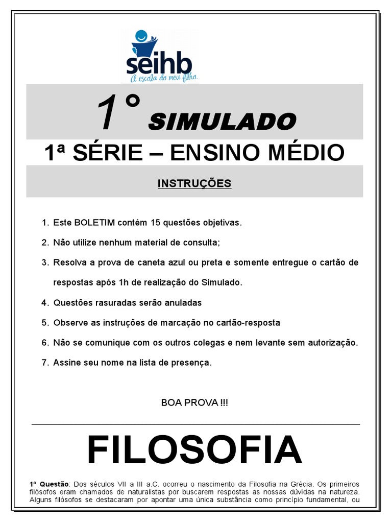 Simulado de Filosofia - 1ª Série | PDF | Conhecimento | Mitologia grega