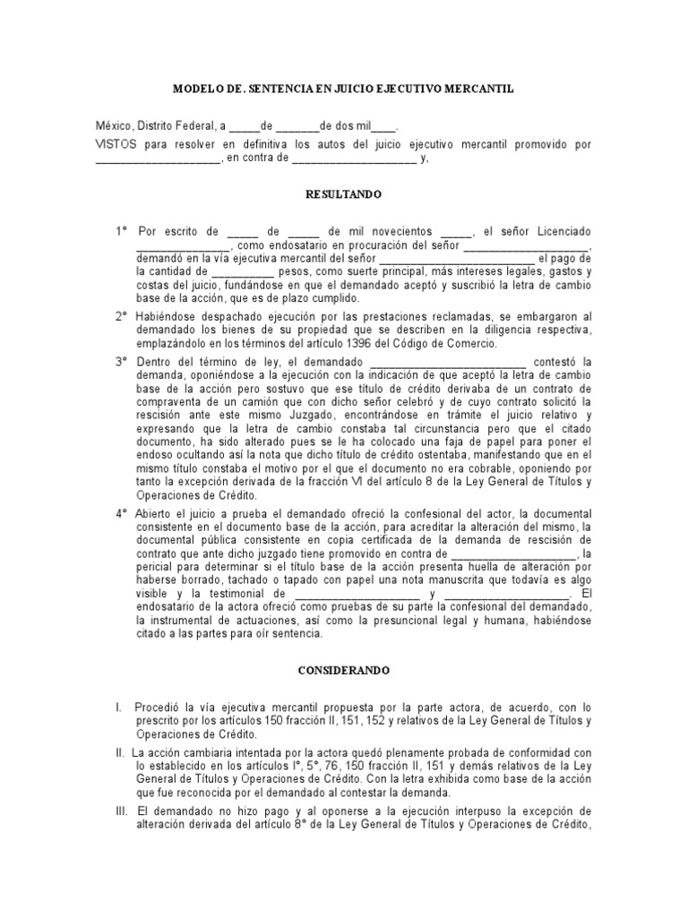 Modelo Sentencia Juicio Ejecutivo Mercantil | PDF | Pagaré