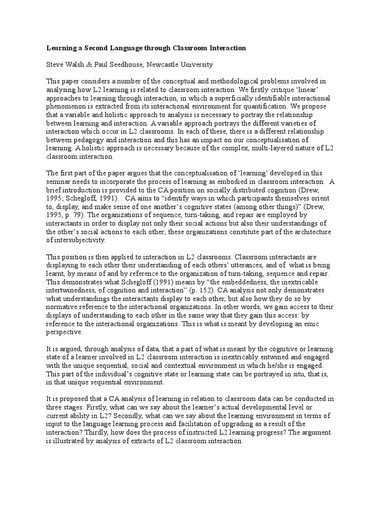 Learning A Second Language Through Classroom Interaction PDF Second