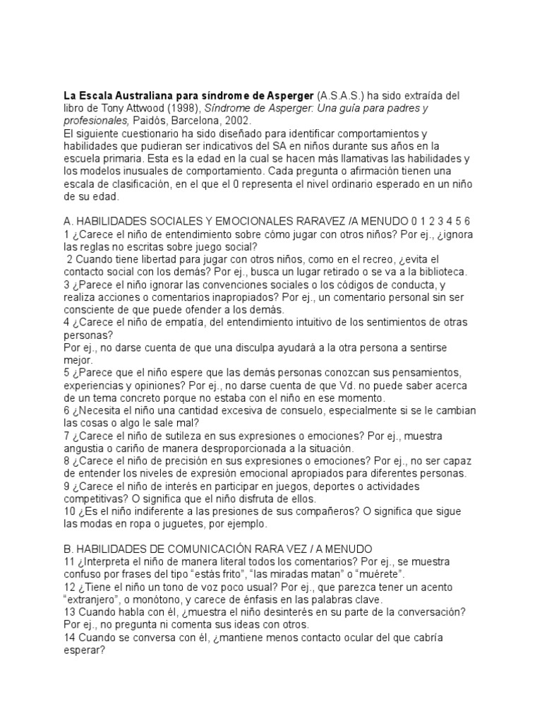 La Escala Australiana para Síndrome de Asperger | PDF | Síndrome de ...