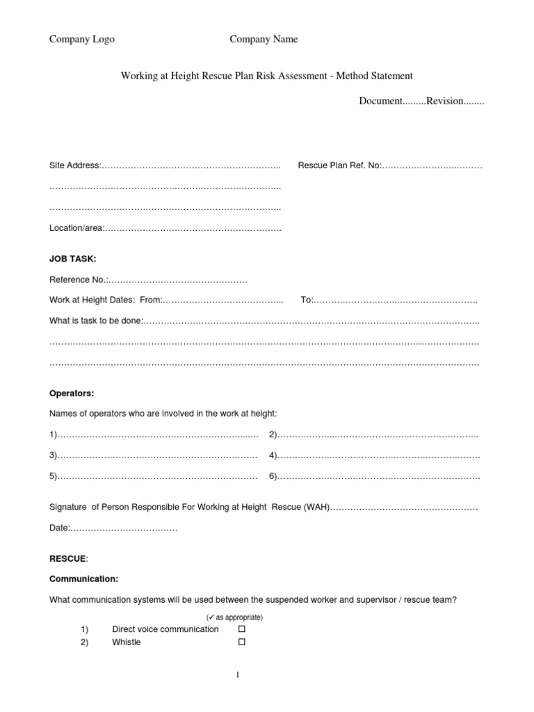 Work at Height Rescue Plan Template | PDF | Circulatory System | Heart