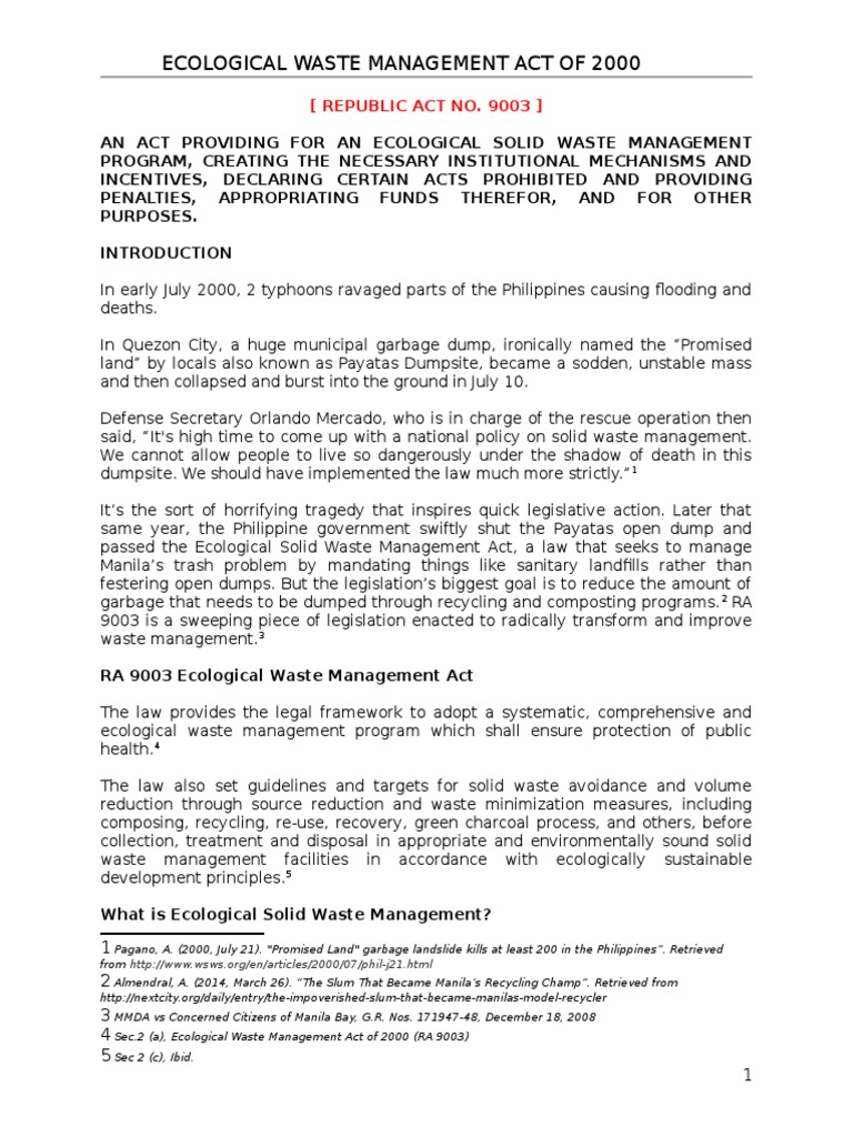 Ecological Waste Management Act of 2000 PDF Waste Management Municipal Solid Waste