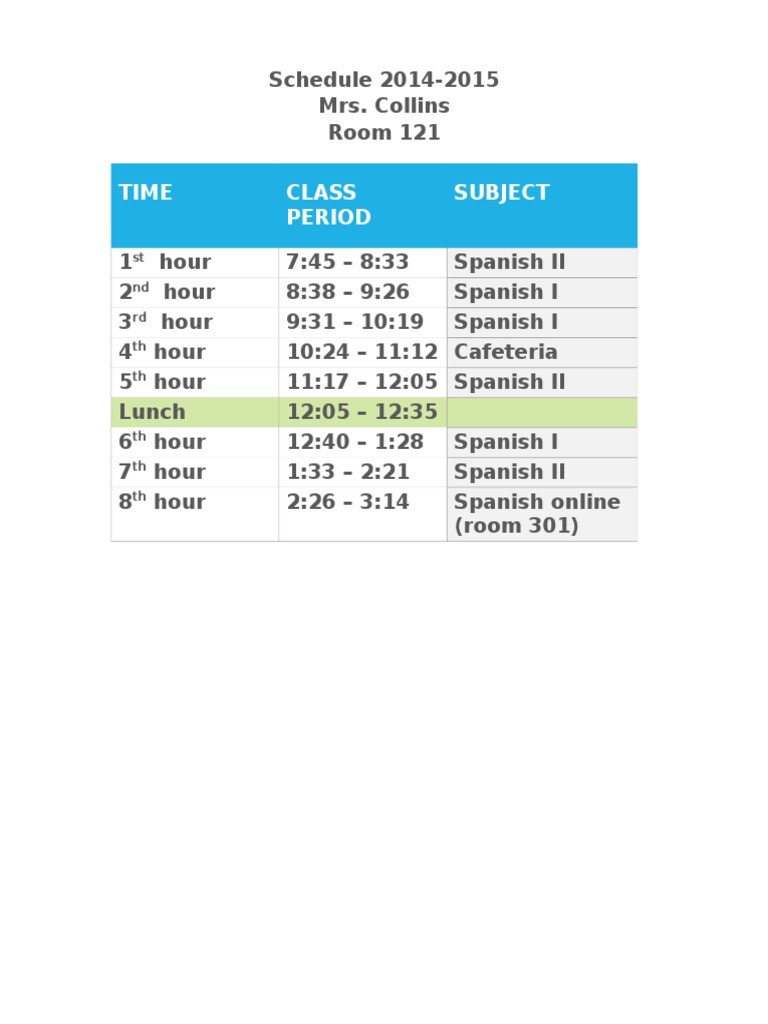 2014-2015 Spanish Class Schedule | PDF | Foreign Language Studies