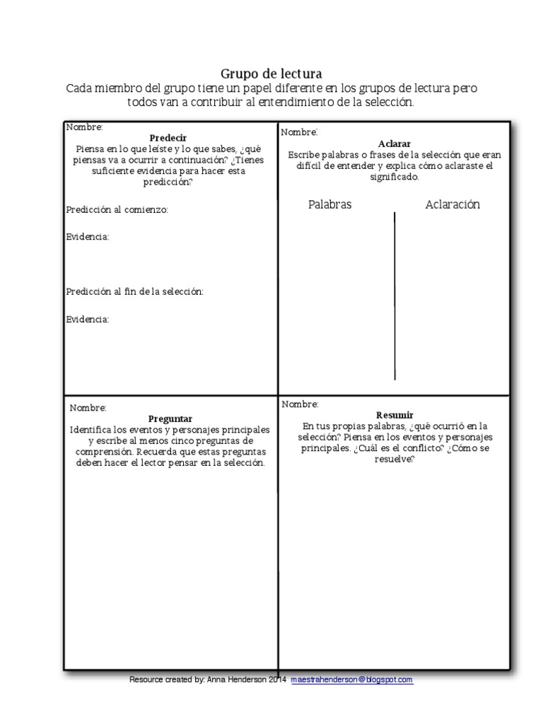 Reciprocal Reading Group Graphic Organizer / Grupo de Lectura PDF