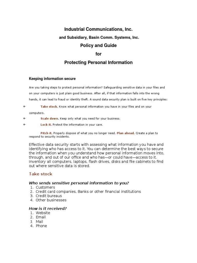 Industrial Communications, Inc. Policy and Guide For Protecting