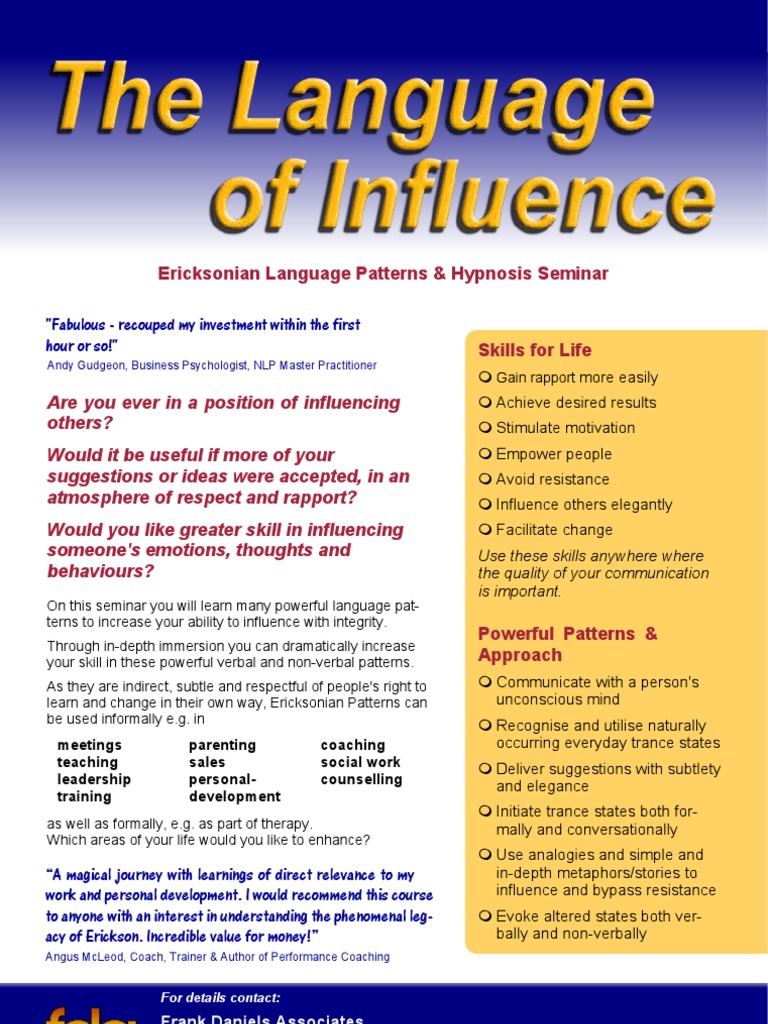 The Language Of Influence Ericksonian Language Patterns Hypnosis Neuro Linguistic Programming Hypnotherapy