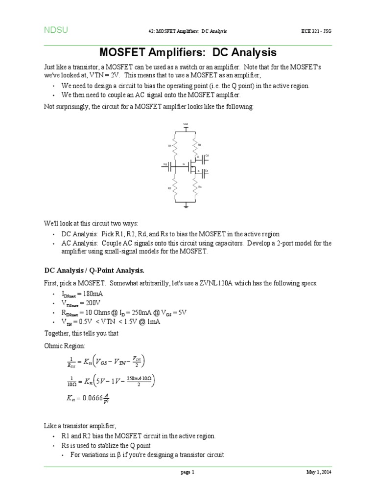 MOSFET DC Analysis for Amplifiers | PDF | Amplifier | Analog Circuits